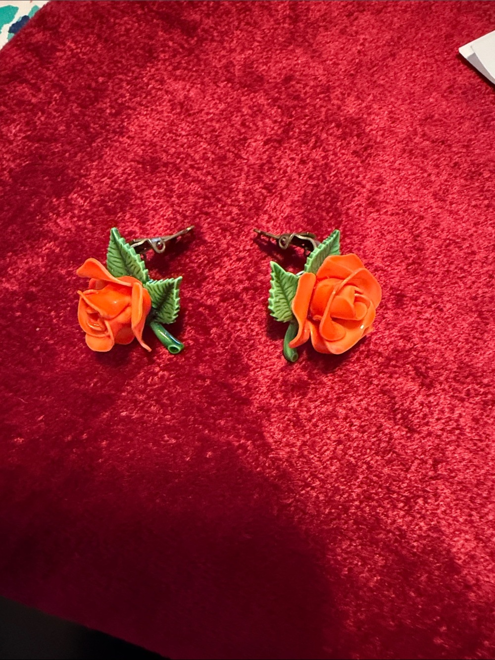 Vintage Orange Rose Clip-On Earrings brass backs excellent condition no chips